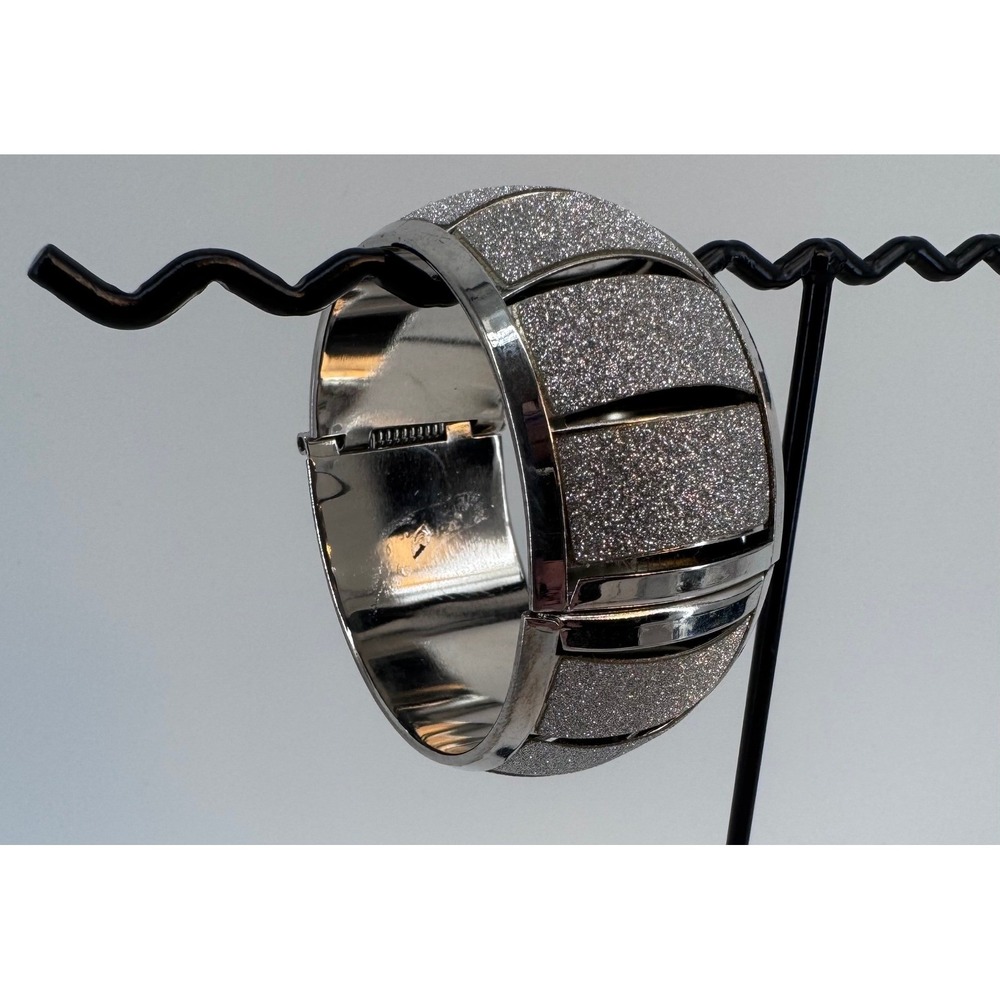 Silver Tone Glitter Panel Wide Hinged Cuff Bangle Bracelet Statement Jewelry